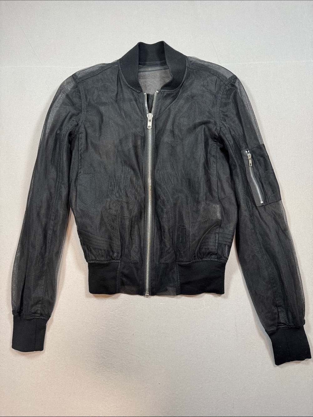 Rick Owens Black Sheer Bomber Jacket with Front Zip. Very Rare